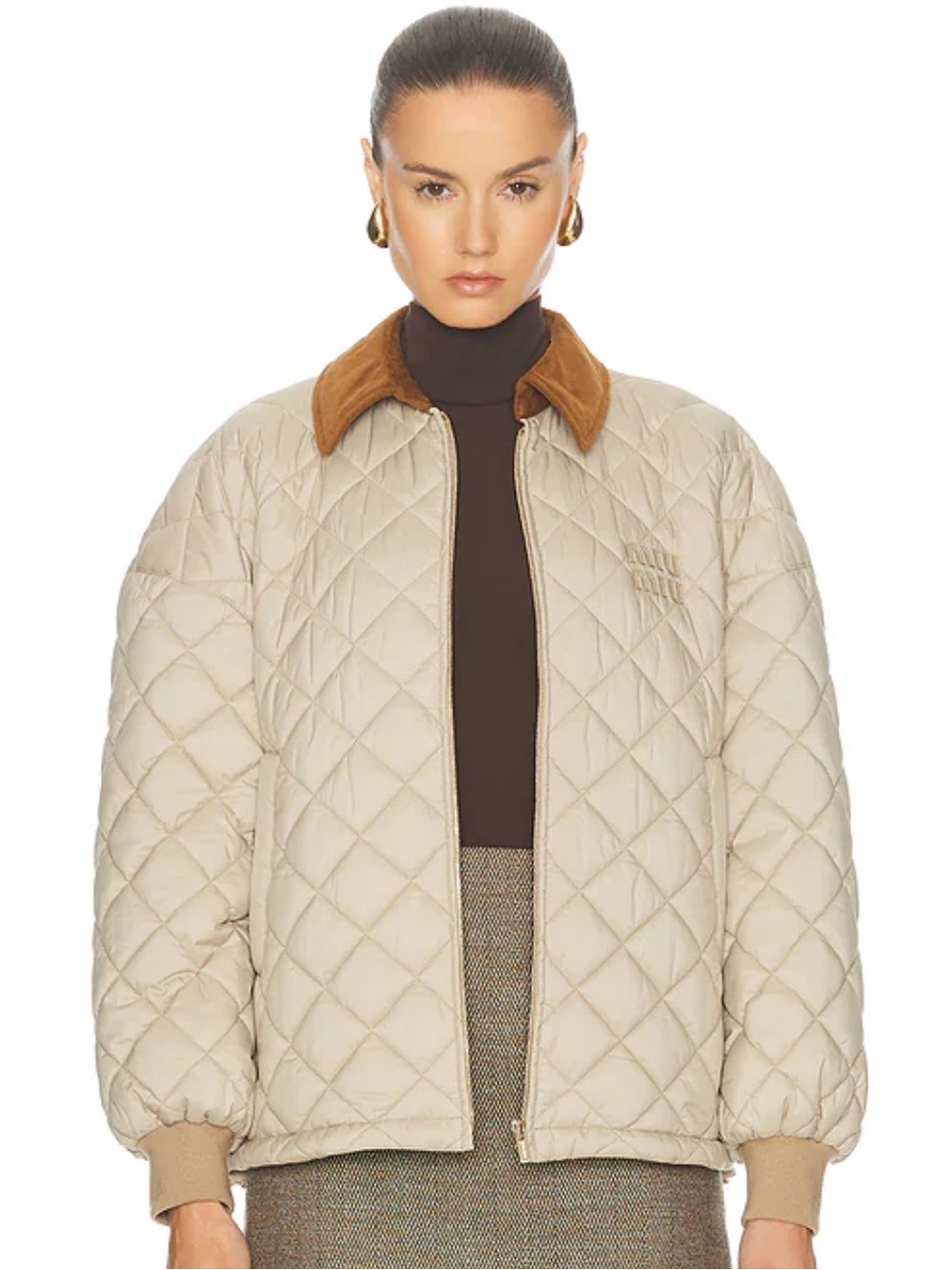 NWOT Miu Miu Quilted Cream Jacket with Brown Collar Size L /40